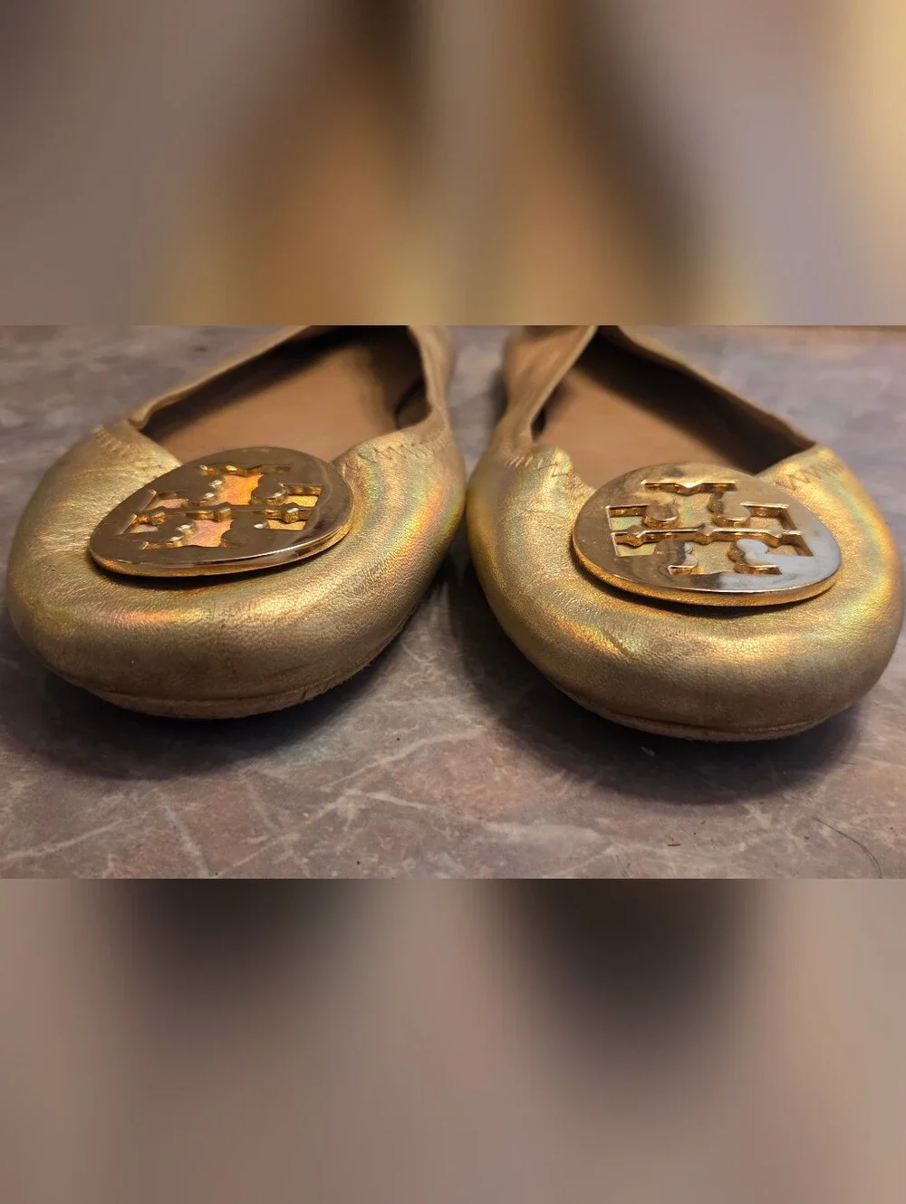 Tory Burch Metallic Gold Logo Ballet Flats